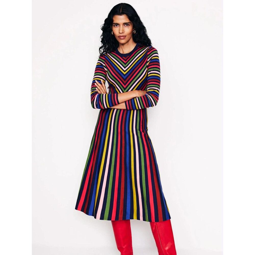 Boden Maria Knitted Midi Rainbow Striped Chevron Long Sleeve Dress, size 10R